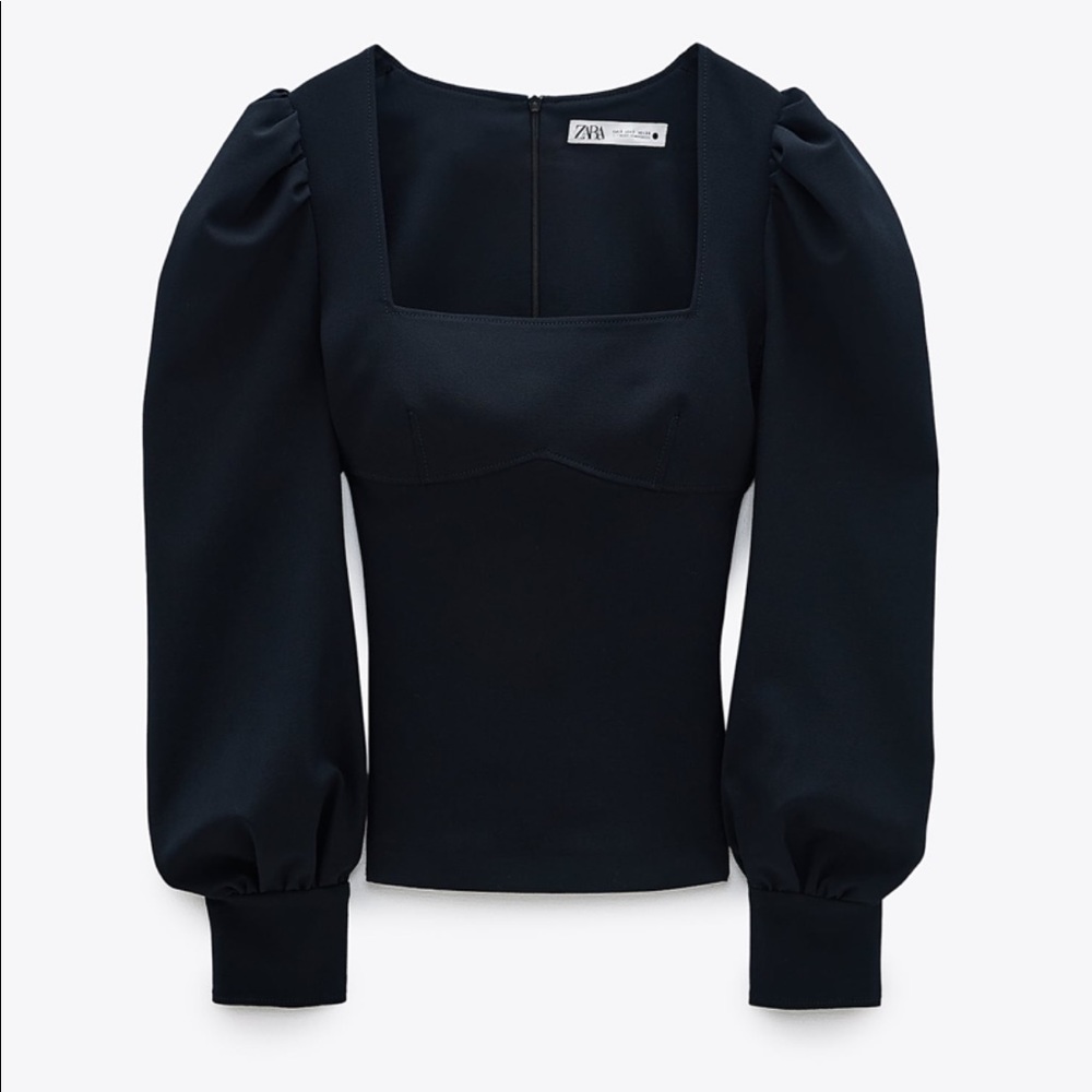 NWT Zara Voluminous Sleeve Top in Navy Blue Sz XS